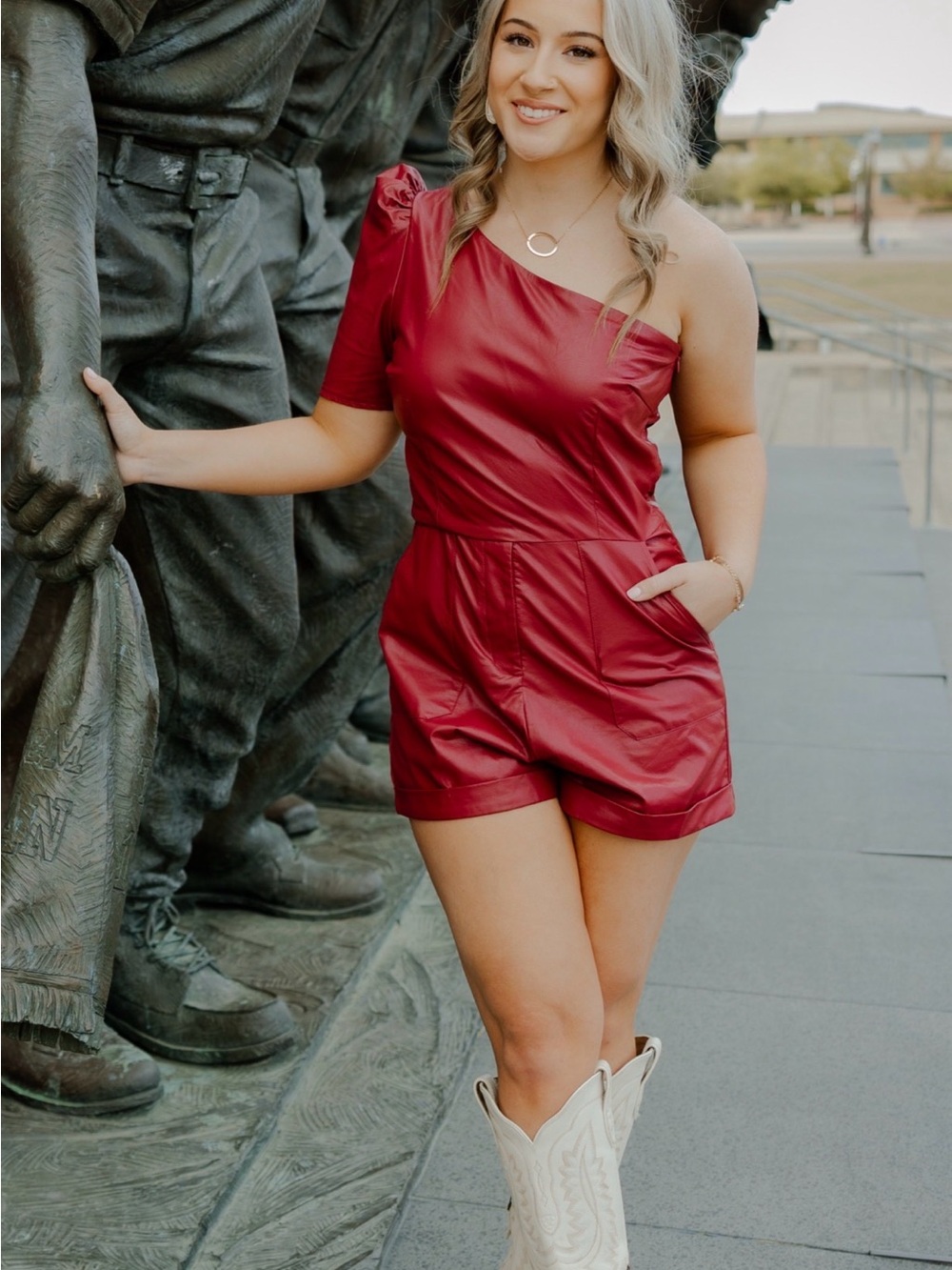 One-Shoulder Maroon Faux-Leather Romper
